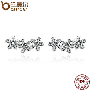 BAMOER Authentic 925 Sterling Silver Stackable Dazzling Daisies, Clear CZ Stud Earrings for Women Fine Jewelry Bijoux PAS506