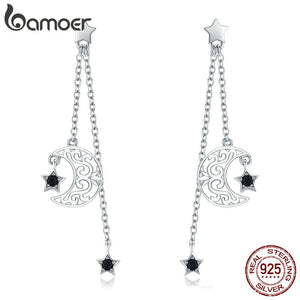 BAMOER Trendy New 925 Sterling Silver Star And Moon Long Chain Drop Earrings for Women Black CZ Sterling Silver Jewelry SCE528