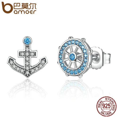 BAMOER Popular 100% 925 Sterling Silver Anchor & Rudder Blue Crystals Stud Earrings Women Fashion Boat Element Jewelry SCE030