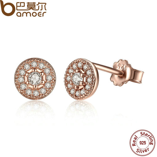 BAMOER Elegant 925 Sterling Silver Radiant Elegance Clear CZ Women Round Stud Earrings Jewelry Brincos PAS451