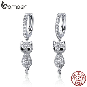 BAMOER 925 Sterling Silver Cute Cat Crystal Pussy Dazzling Cubic Zircon Drop Earrings for Women Sterling Silver Jewelry SCE519