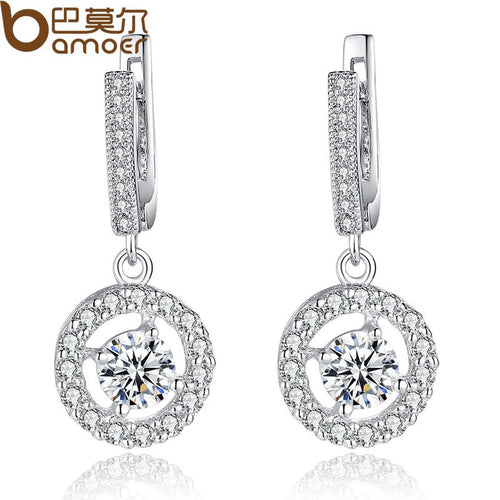 BAMOER White Gold Color Big Oversized Drop Earring for Lady Elegant With Synthetic Zircon 0.6CM Clasp For Pierced Ear YIE077