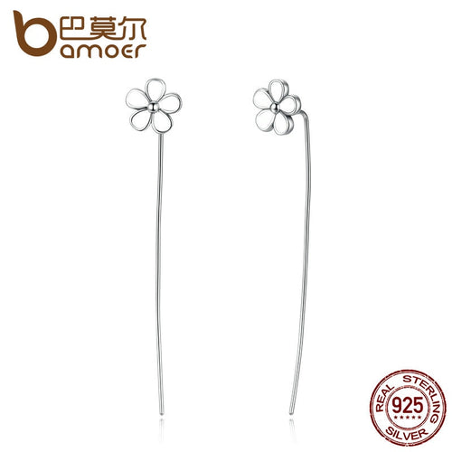 BAMOER Original 925 Sterling Silver White Flower 5.5 CM Long Drop Earrings for Women Engagement Fine Jewelry SCE012