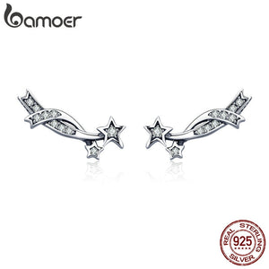 BAMOER Authentic 925 Sterling Silver Elegant Shining Meteor Star Clear CZ Stud Earrings for Women Silver Earrings Jewelry SCE442