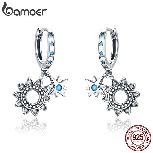 BAMOER Vintage 925 Sterling Silver Sunflower Sparkling Geometric Star Drop Earrings for Women Sterling Silver Jewelry SCE461