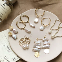 Load image into Gallery viewer, GWACC Korea Design Metal Gold Drop Earrings Baroque Irregular Circle Square Natural Freshwater Pearl Earrings for Women Girls