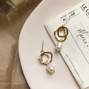 GWACC Korea Design Metal Gold Drop Earrings Baroque Irregular Circle Square Natural Freshwater Pearl Earrings for Women Girls