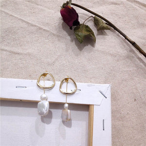 GWACC Korea Design Metal Gold Drop Earrings Baroque Irregular Circle Square Natural Freshwater Pearl Earrings for Women Girls