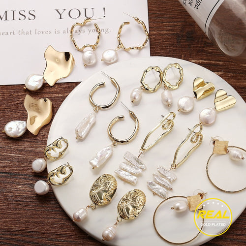 17KM Vintage Gold Drop Earrings For Women 2019 Brincos Geometric Drop Earring Big DIY Wedding Irregular Freshwater Pearl Jewelry