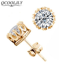 Load image into Gallery viewer, QCOOLJLY Wholesale Fashion Crown Gold Color Earrings Women Brincos De Prata Men CZ Crystal Jewerly Double Stud Earing