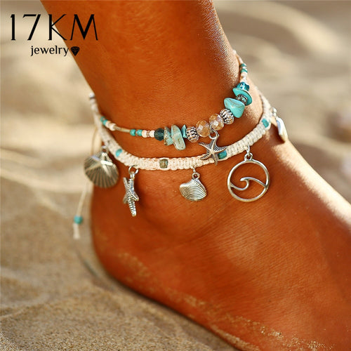 17KM Bohemian Starfish Stone Anklets Set For Women Vintage Handmade Wave Anklet Bracelet on Leg Beach Ocean Jewelry 2018