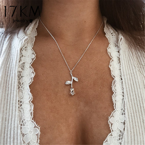 17KM Rose Flower Pendant Necklace For Women 3 Color Boho Plant Vintage Necklaces Charm Statement Jewelry Fashion Party Gifts