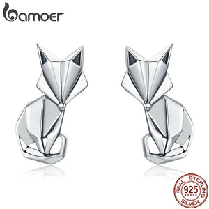 BAMOER Hot Sale Genuine 925 Sterling Silver Fashion Folding Fox Animal Stud Earrings for Women Sterling Silver Jewelry SCE526