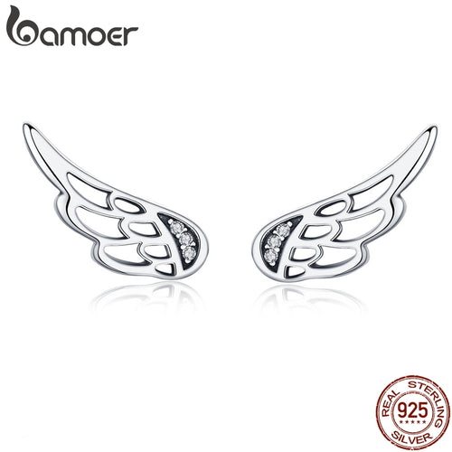 BAMOER Genuine 925 Sterling Silver  Feather Fairy Wings Stud Earrings Silver for Women Fashion Silver Jewelry Christmas SCE343