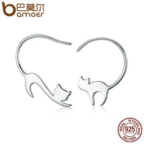 BAMOER Animal Collection 925 Sterling Silver Cute Napping Little Cat Drop Earrings for Women Sterling Silver Jewelry Gift SCE073