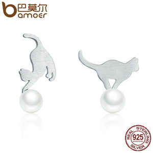 BAMOER Hot Sale 100% 925 Sterling Silver Naughty Cat Play Ball Drop Earrings Women Sterling Silver Earrings Jewelry Gift SCE235