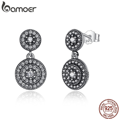 BAMOER 925 Sterling Silver Radiant Elegance Earrings Clear CZ Crystals Surrounded Ancient Silver Women Drop Earings PAS471