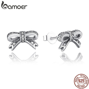 BAMOER Delicate 100% 925 Sterling Silver Sparkling Bow Stud Earrings With Clear CZ Women Party Luxury Jewelry PAS407