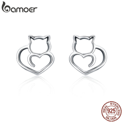 BAMOER Hot Sale Authentic 925 Sterling Silver Cute Cat Small Stud Earrings for Women Fashion Sterling Silver Jewelry SCE271