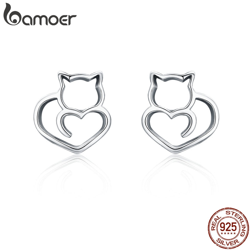 BAMOER Hot Sale Authentic 925 Sterling Silver Cute Cat Small Stud Earrings for Women Fashion Sterling Silver Jewelry SCE271