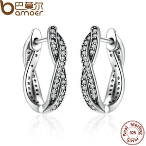 BAMOER Authentic 925 Sterling Silver Twist Of Fate Stud Earrings Clear CZ for Women Wedding Trendy Jewelry PAS465