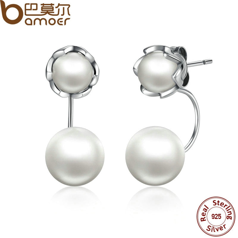 BAMOER New 100% Authentic 925 Sterling Silver Simulated Pearls Jewelry Special Style Female Drop Earrings SCE002