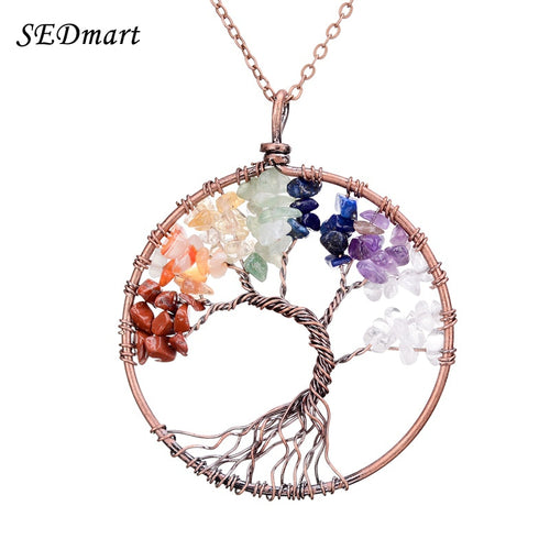 SEDmart 7 Chakra Tree Of Life Pendant Necklace Copper Crystal Natural Stone Necklace Quartz Stones Pendants Women Christmas Gift